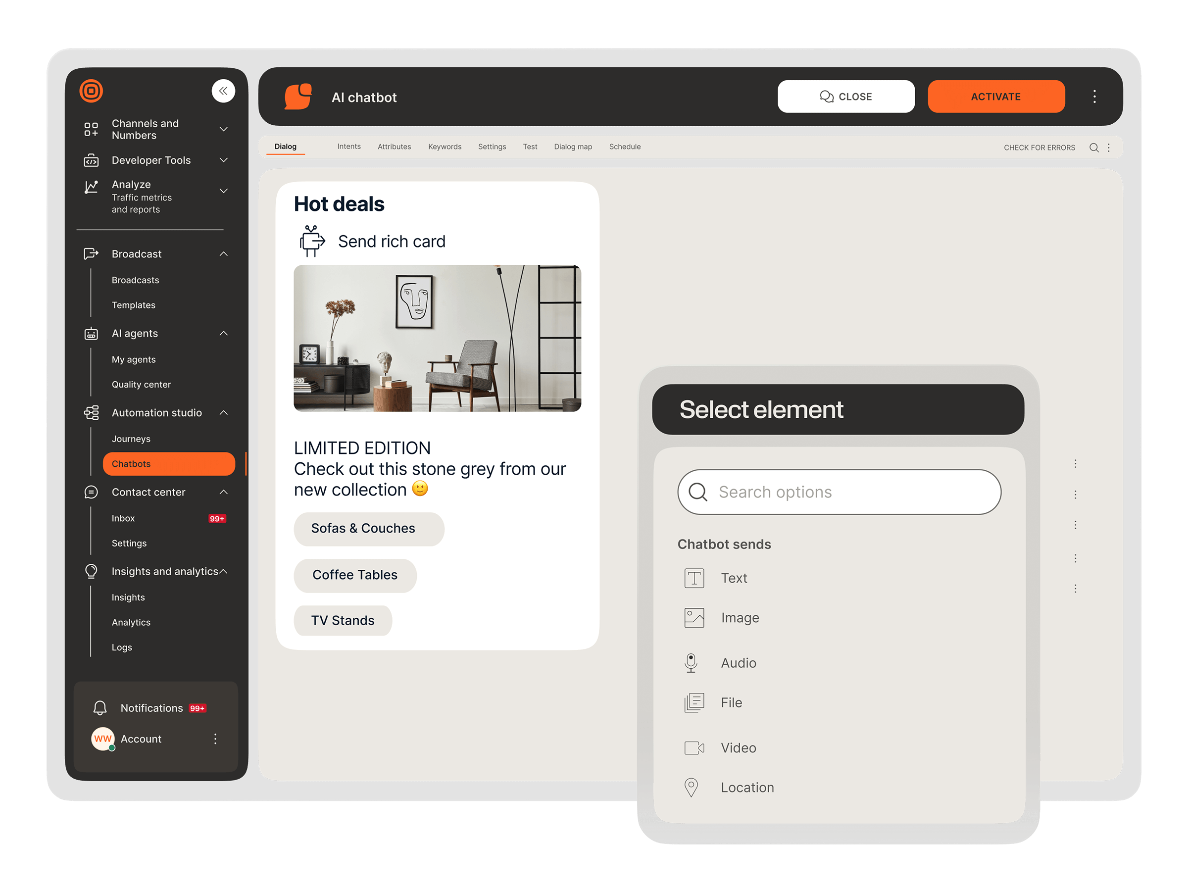 Chatbot builder with rich card element showing product images, descriptions, and quick reply buttons for native channel features