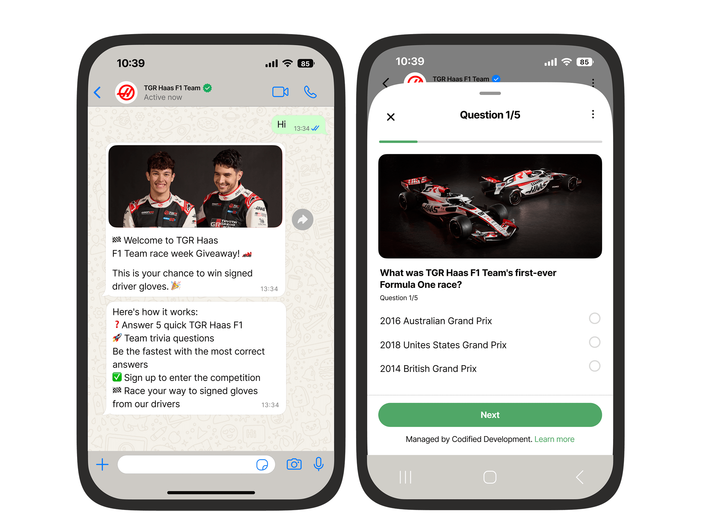 WhatsApp chatbot for TGR Haas F1 Team running an interactive trivia giveaway with multiple-choice questions
