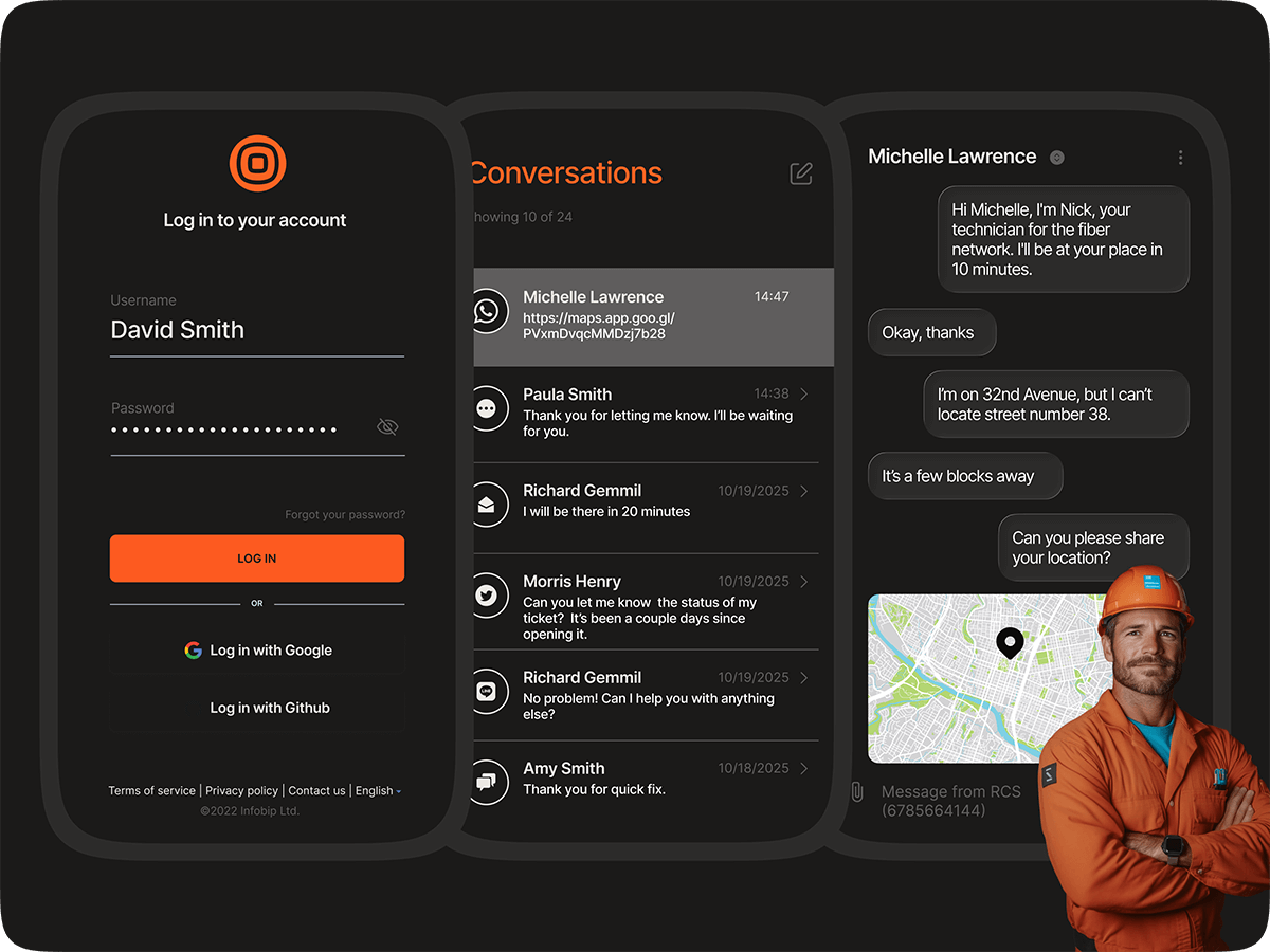 Agent mobile app showing login screen, conversation inbox, and an RCS chat where a field technician shares location with a customer