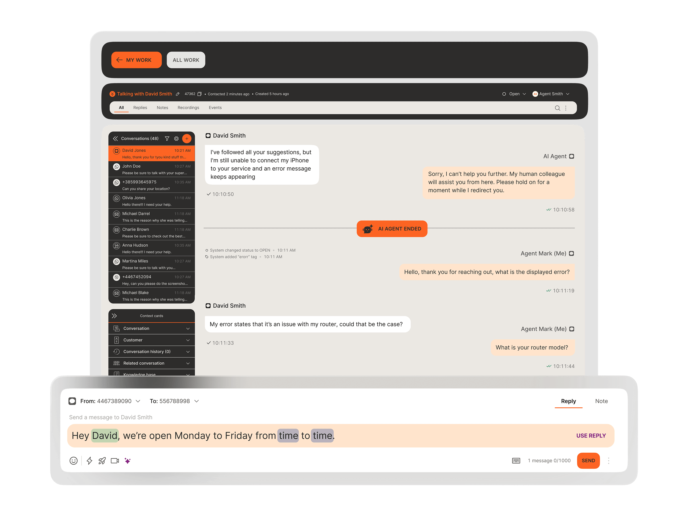 Agent workspace showing a reply template with dynamic placeholders for customer name and business hours being applied to a conversation