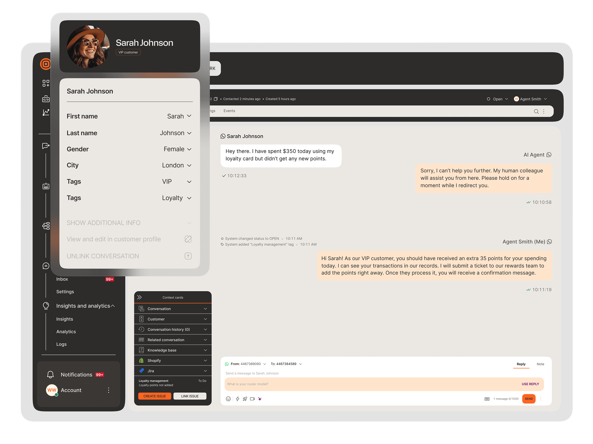 Agent workspace showing a VIP customer profile with tags alongside an AI-to-human handoff conversation, context cards for Shopify and Jira, and a complaint form for streamlined resolution