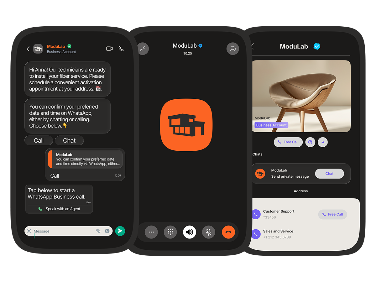Three mobile screens showing WhatsApp Business calling: a chat with call and chat buttons for scheduling, an active WhatsApp Business call, and a business profile with free call and customer support options