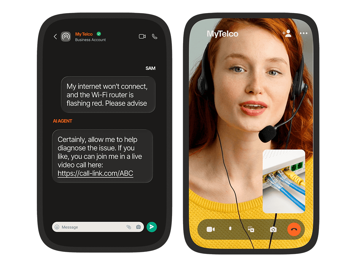 Two mobile screens showing a chat-to-video-call escalation, where an AI agent sends a video call link to diagnose a WiFi issue and the customer joins a live video call with a support agent