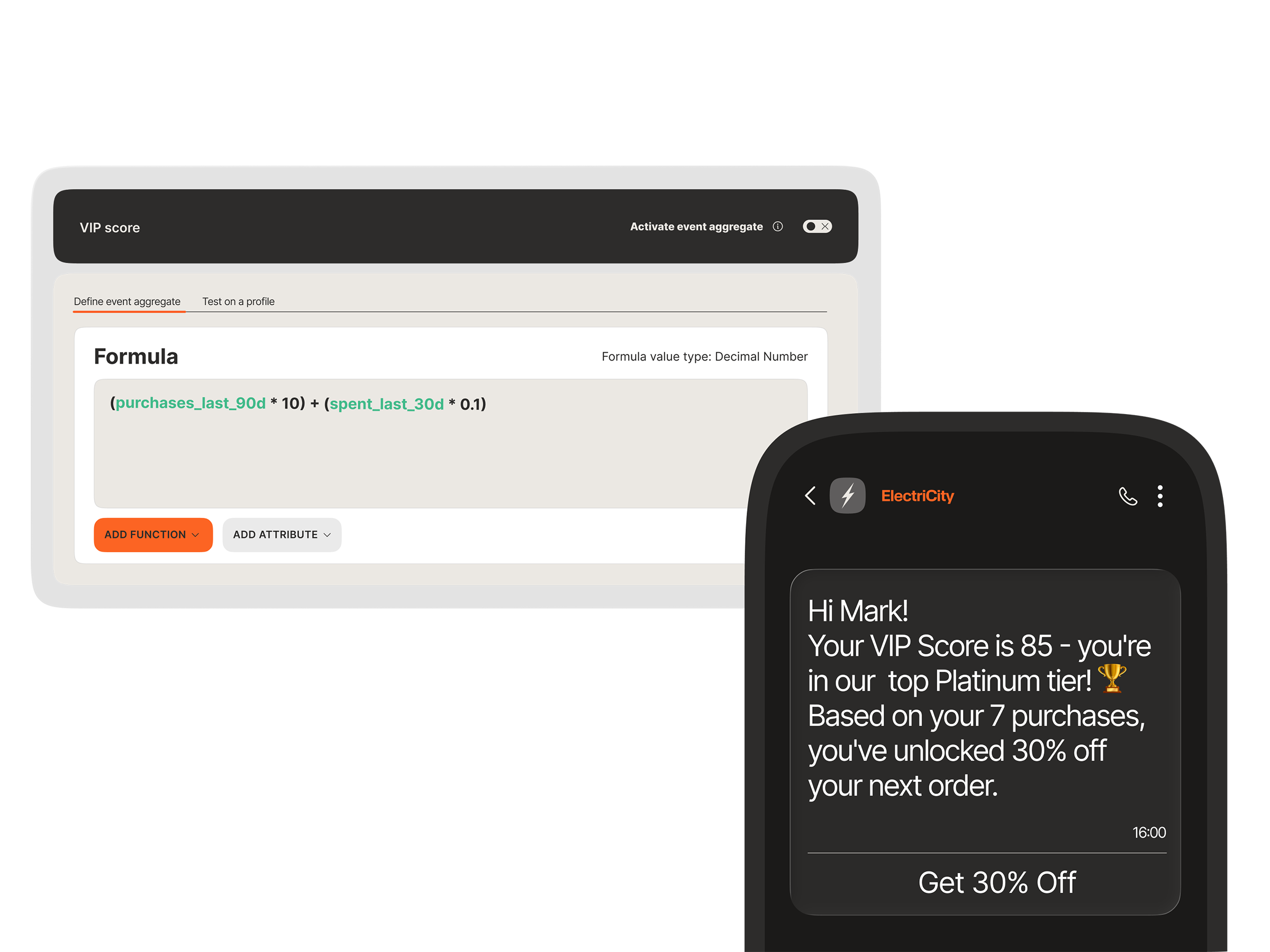 Custom formula editor calculating VIP scores from purchase data alongside a personalized WhatsApp discount message