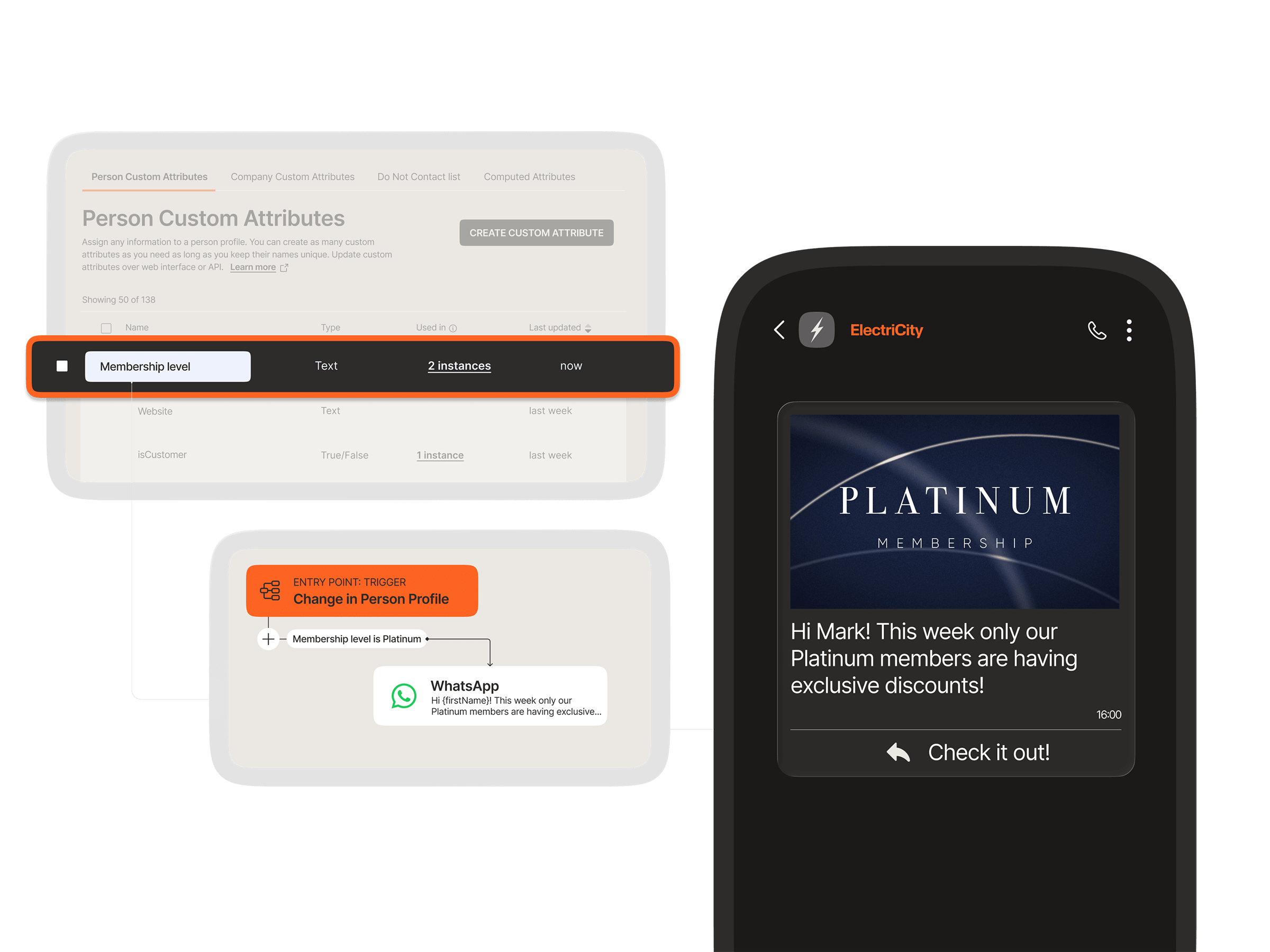 Custom attribute configuration triggering a personalized WhatsApp message when a customer's membership level changes to Platinum