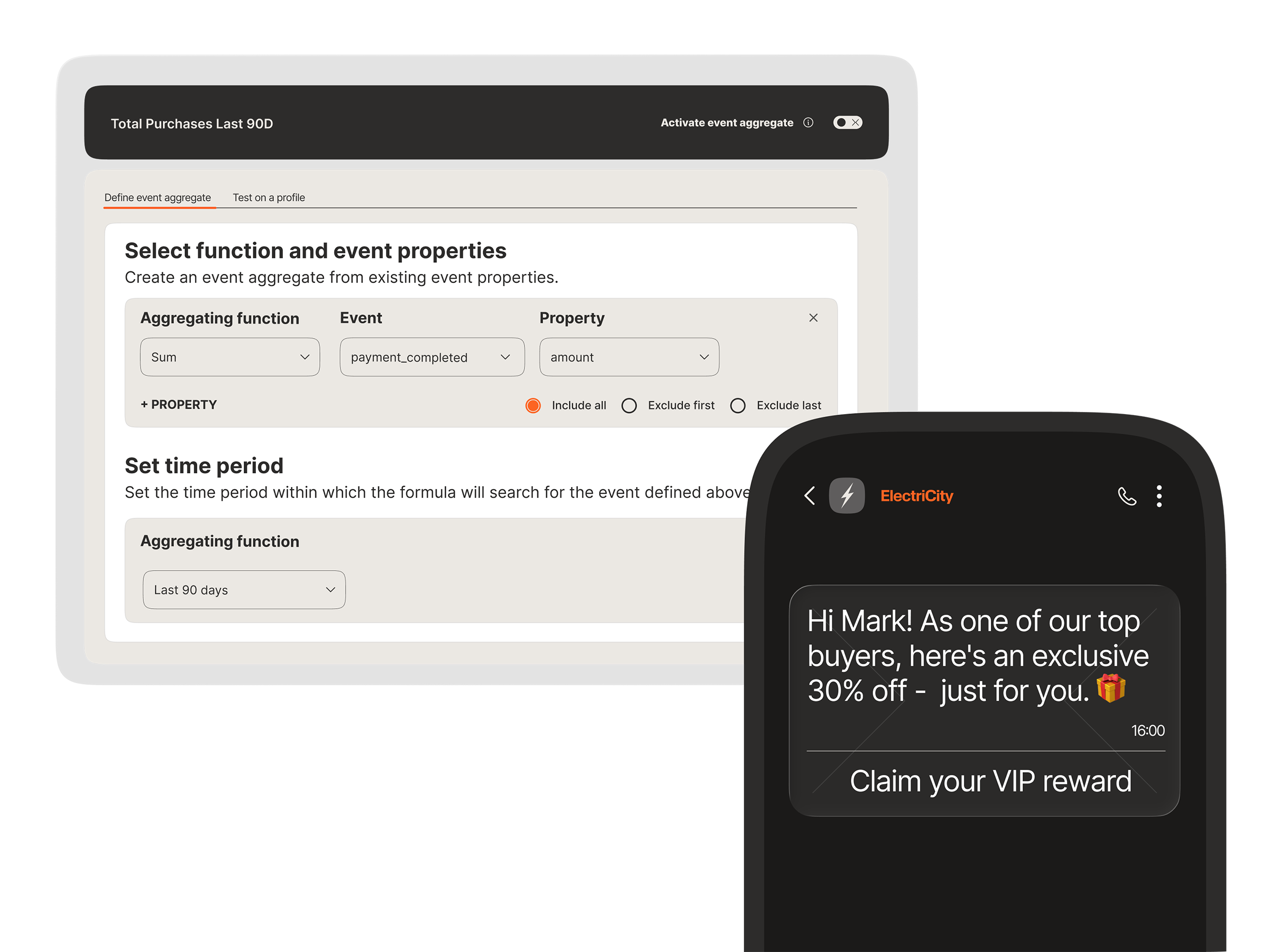 Event aggregate setup summing purchase amounts over 90 days to trigger personalized VIP reward messages
