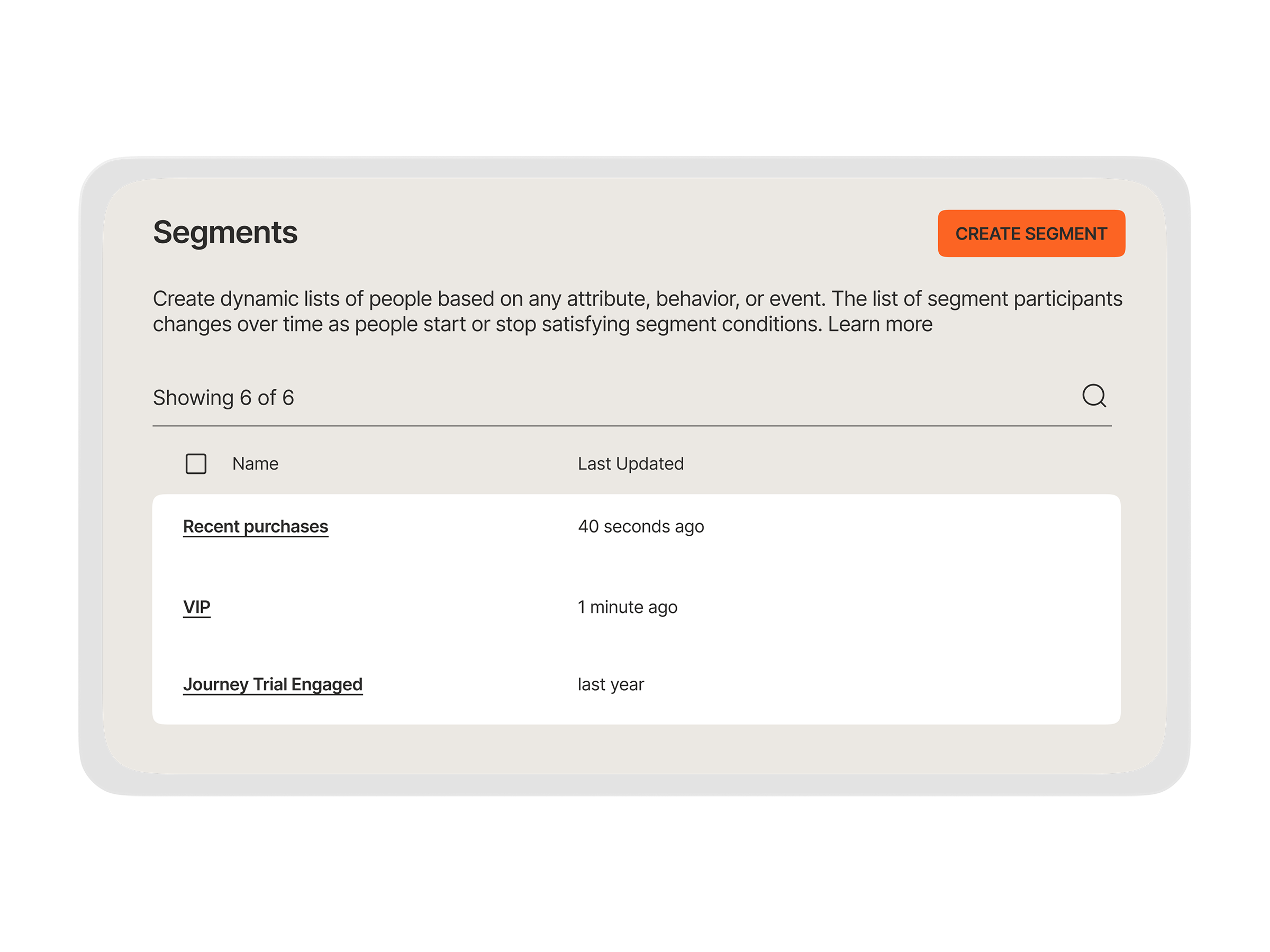 Lifecycle segmentation dashboard listing dynamic customer segments including recent purchases, VIP, and journey trial engaged