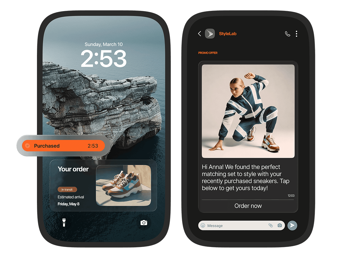 Two smartphones displaying smart orchestration: a purchase confirmation with order tracking and a personalized StyleLab promo offer recommending products based on recent purchases