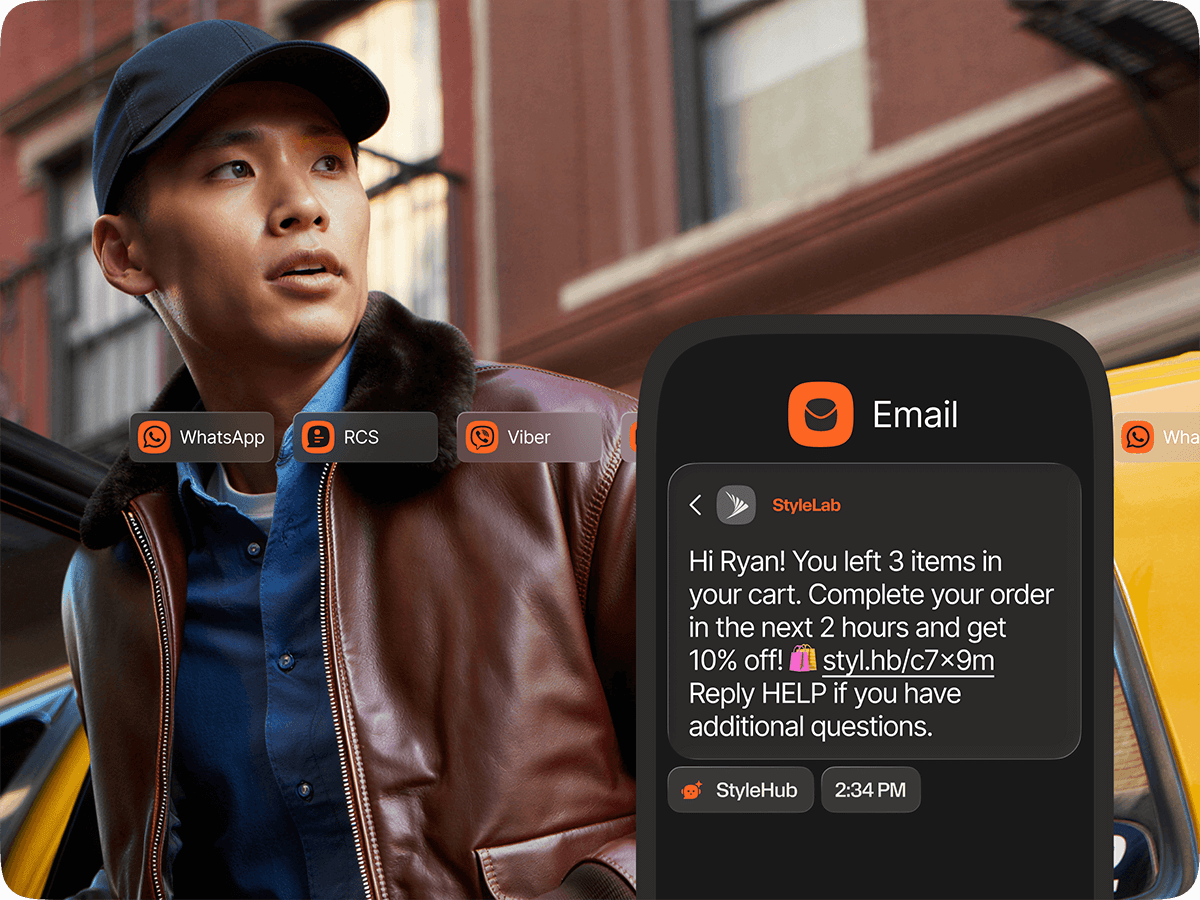 Abandoned cart recovery message delivered across WhatsApp, RCS, Viber, and Email channels with a personalized discount offer