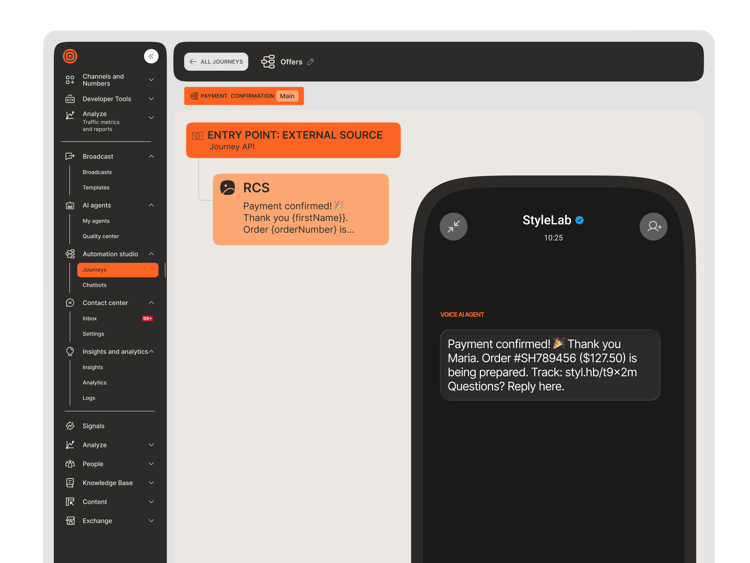Infobip journey builder sending a payment confirmation via RCS and voice AI agent, triggered by an external API source through the Journey API