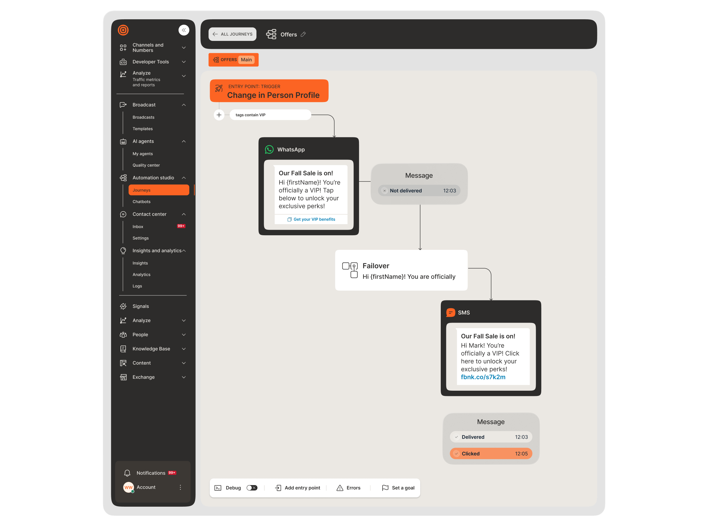 Journey builder demonstrating automatic failover from an undelivered WhatsApp message to SMS, which is successfully delivered and clicked by the recipient