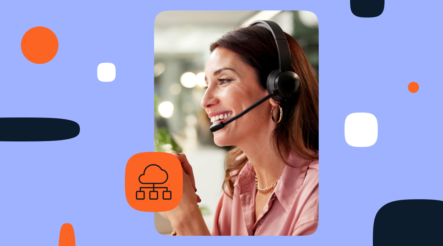 Smiling customer support agent wearing a headset and microphone while speaking during a service call, representing AI-powered cloud contact center and omnichannel customer communication.