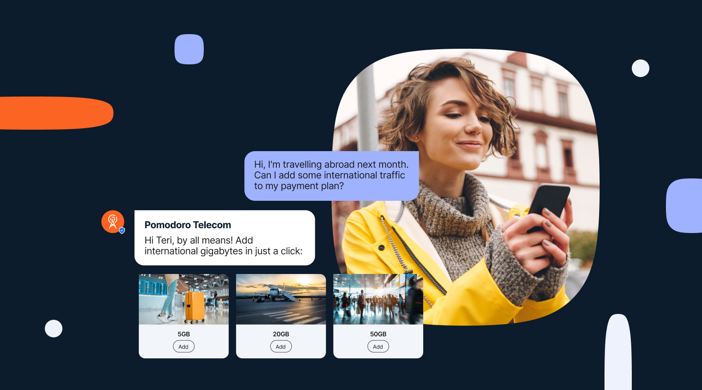 On the right, a woman in a yellow raincoat holds a smartphone and looks down at it while standing outside in a city environment. A messaging interface overlay shows a user asking about adding international mobile data for upcoming travel, followed by a telecom-branded reply offering international gigabytes. Beneath the message are three visual cards offering 5GB, 20GB, and 50GB data options, each with an “Add” button and travel-themed images including a suitcase, an airplane, and a busy terminal. Large white text on the left reads “Network APIs & RCS for telcos,” reinforcing the theme of digital telecom services and conversational customer experiences. The Infobip logo is visible in the lower left corner.
