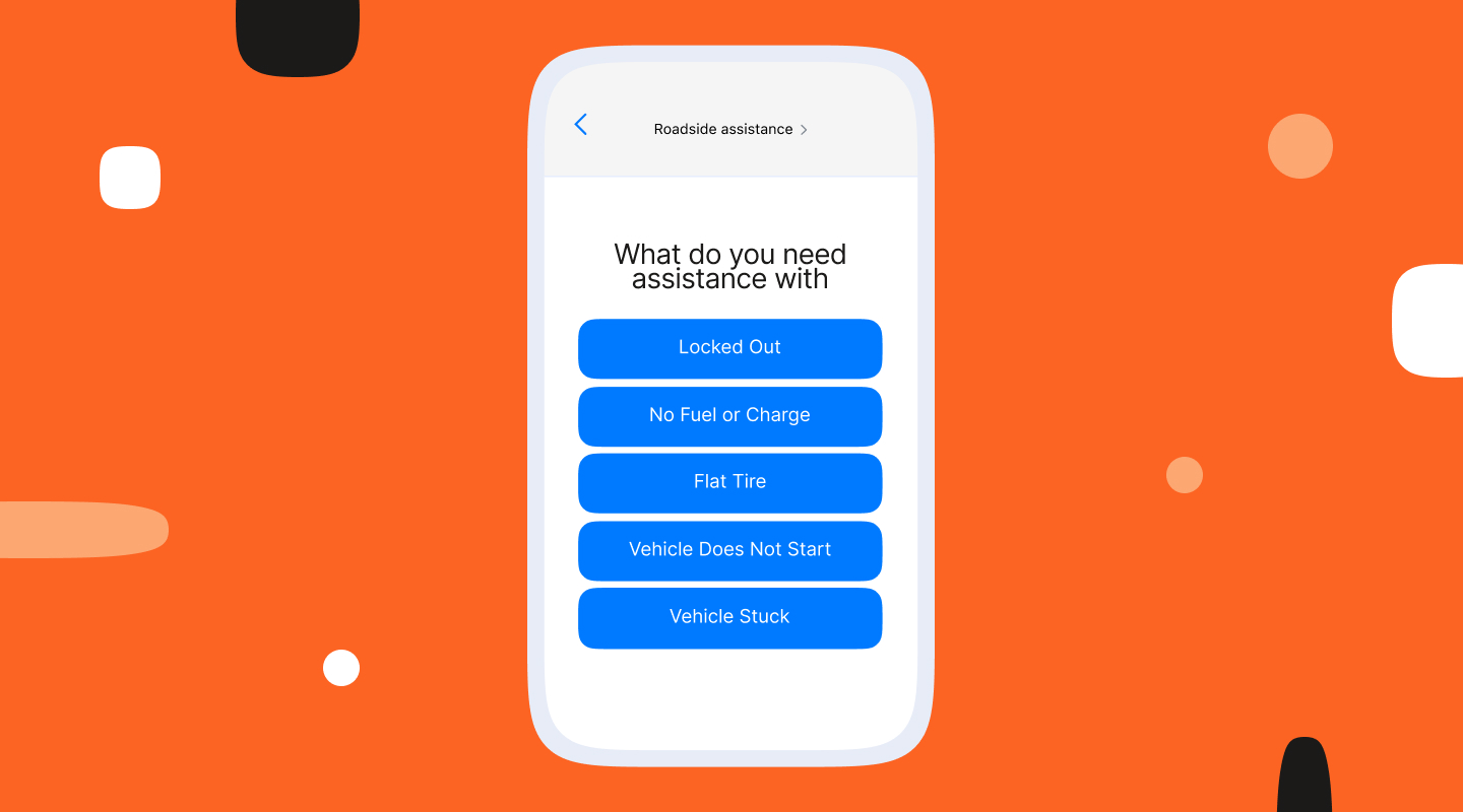 iPhone screen showing the Roadside Assistance triage menu with options to select the type of help needed, including Locked Out, No Fuel or Charge, Flat Tire, Vehicle Does Not Start, and Vehicle Stuck.