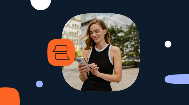 Dark blue promotional banner featuring a rounded square photo of a smiling woman using her smartphone outdoors. An orange chat bubble icon overlays the image. Abstract light purple and white circular shapes appear in the background.