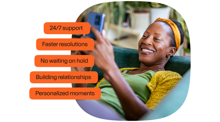 Photo of a smiling woman relaxing on a couch while using her smartphone. On the left side of the image, orange text bubbles list benefits: “24/7 support,” “Faster resolutions,” “No waiting on hold,” “Building relationships,” and “Personalized moments.” The image has rounded corners against a dark background.