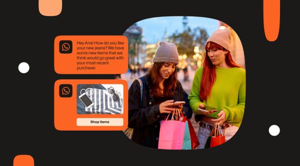 A visual showing a WhatsApp message recommending products based on a recent purchase, displayed next to an image of two people shopping outdoors. They are holding shopping bags and smartphones, with an additional WhatsApp product card and “Shop items” button visible in the chat interface.