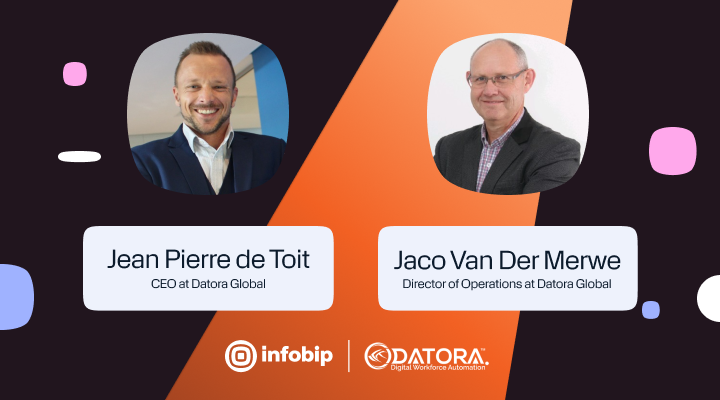 Two professional portrait photos displayed side by side on a dark background with a diagonal orange stripe and abstract rounded shapes in pink, white, and blue. The left portrait is labeled “Jean Pierre de Toit, CEO at Datora Global,” and the right portrait is labeled “Jaco Van Der Merwe, Director of Operations at Datora Global.” At the bottom of the image, the Infobip logo appears next to the Datora Digital Workforce Automation logo, reinforcing the partnership between the two companies.