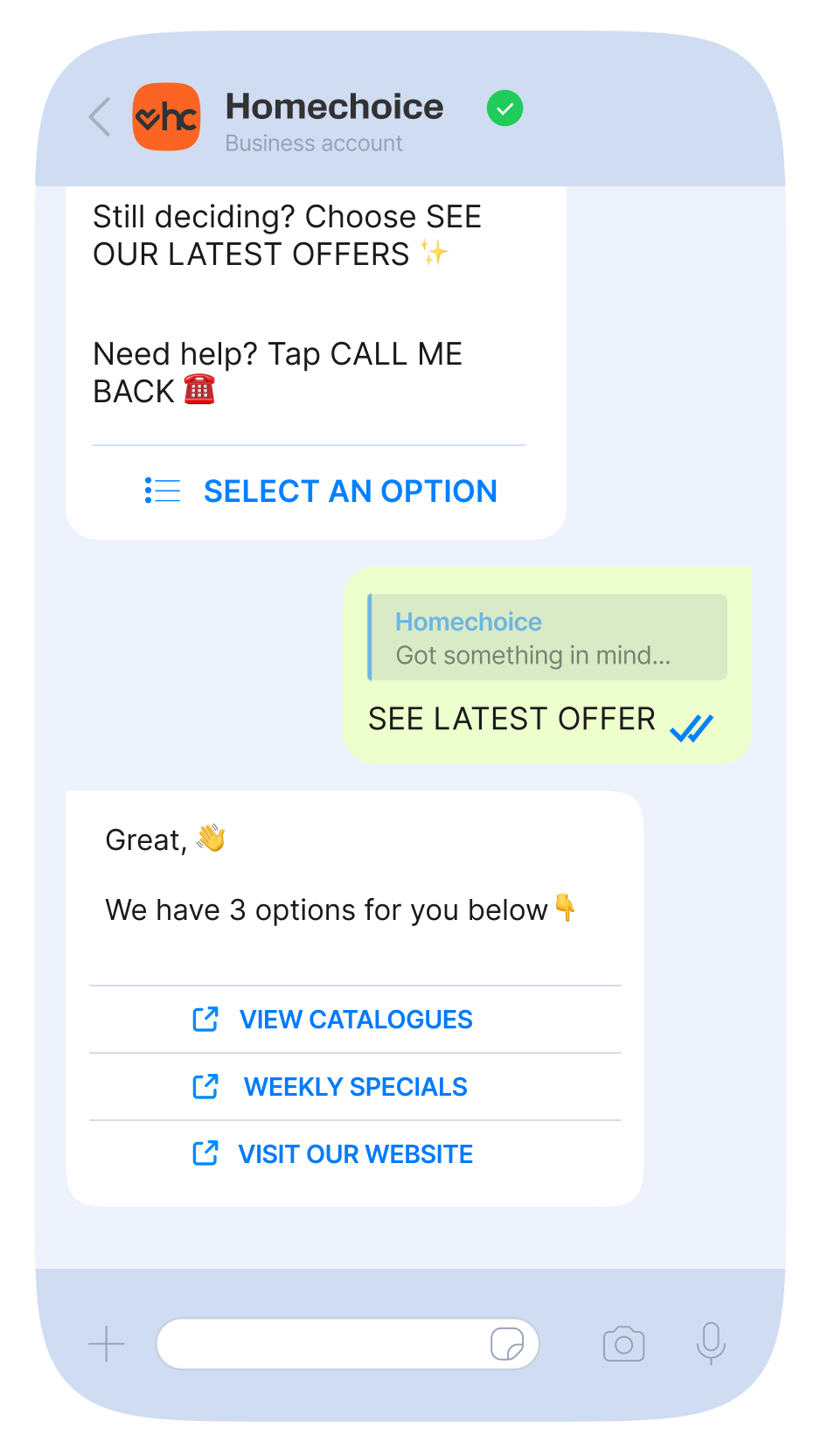 Homechoice WhatsApp conversation presenting a “See latest offer” flow with quick‑reply buttons linking to catalogues, weekly specials and the website.