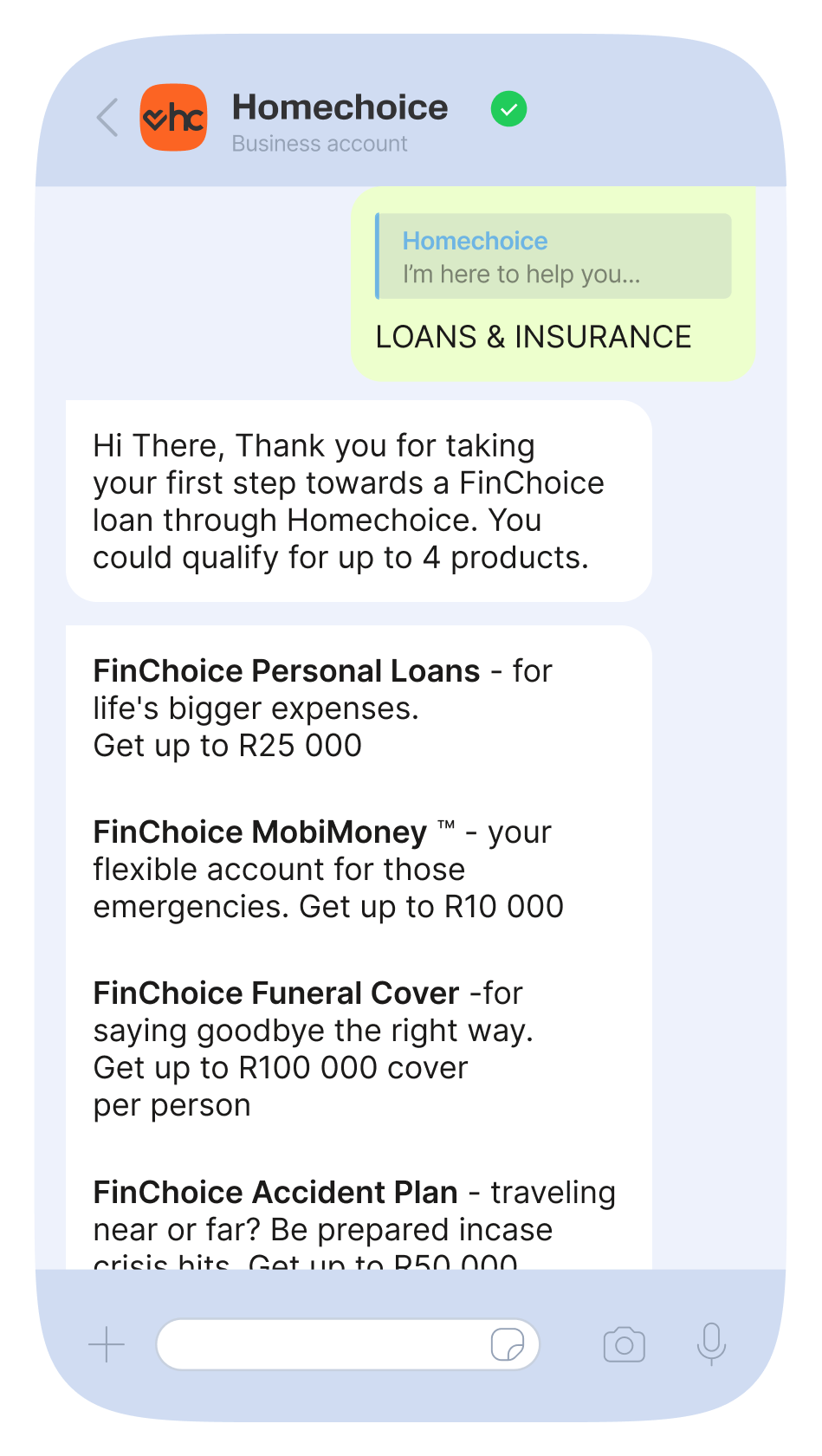 Homechoice WhatsApp chat showing a loans and insurance menu with multiple FinChoice loan and insurance product options listed in a business account conversation.