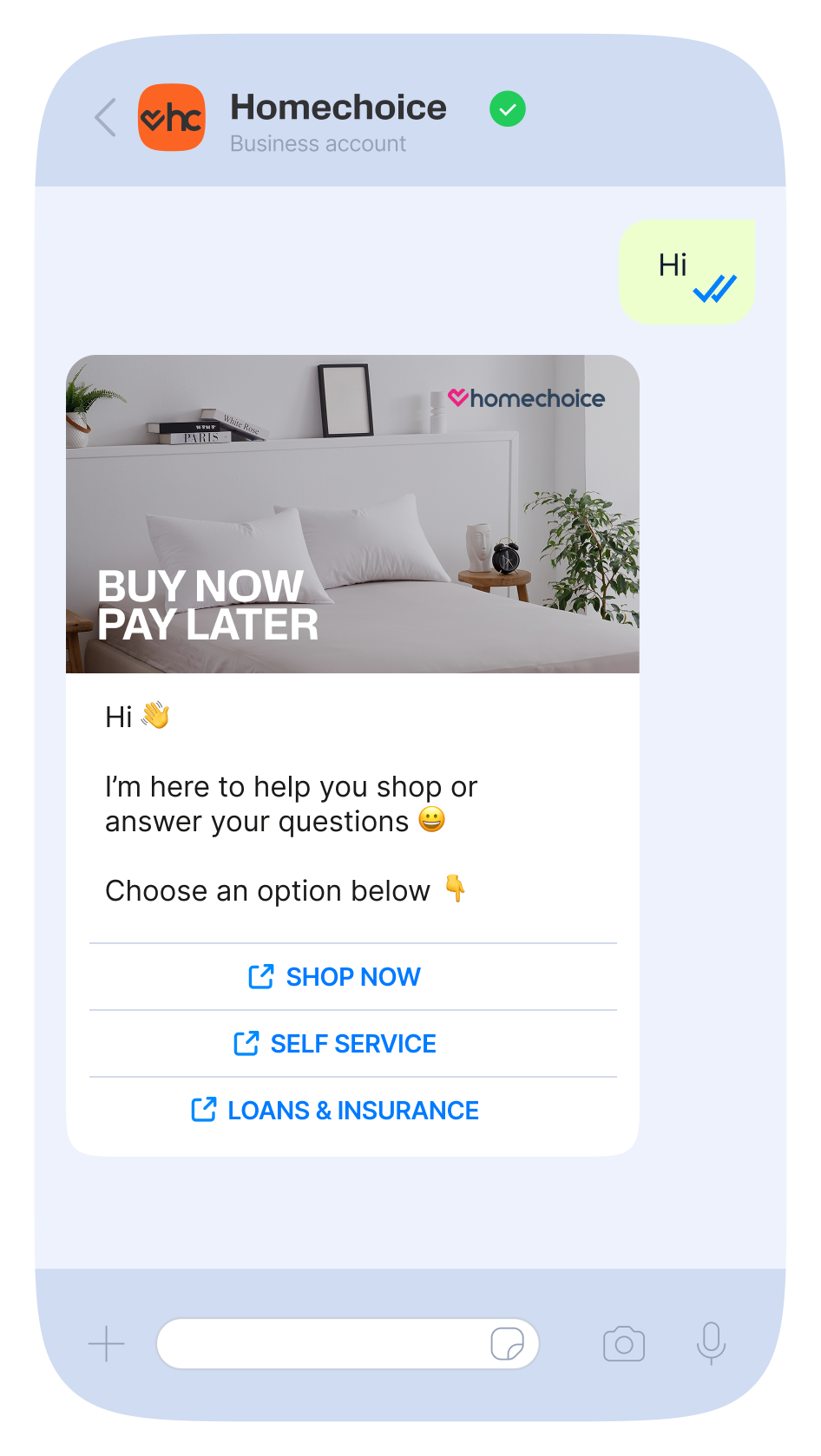 Homechoice WhatsApp welcome message with a “Buy now pay later” banner and quick‑reply buttons for shop now, self service, and loans and insurance.