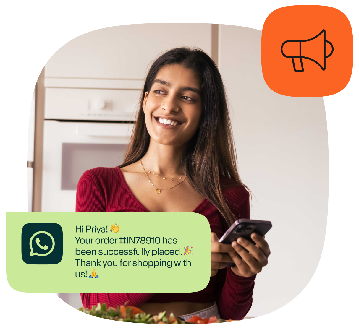 Woman smiling while looking at her phone in a kitchen setting, with a WhatsApp message overlay confirming a successfully placed order.