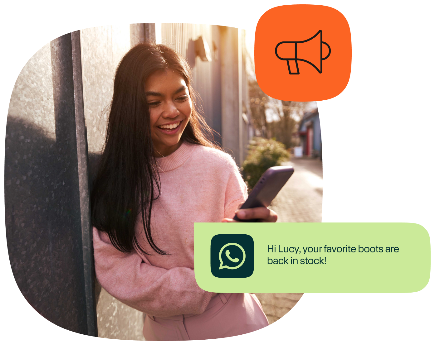 Woman standing outdoors looking at her phone, with a WhatsApp message overlay saying her favorite boots are back in stock.