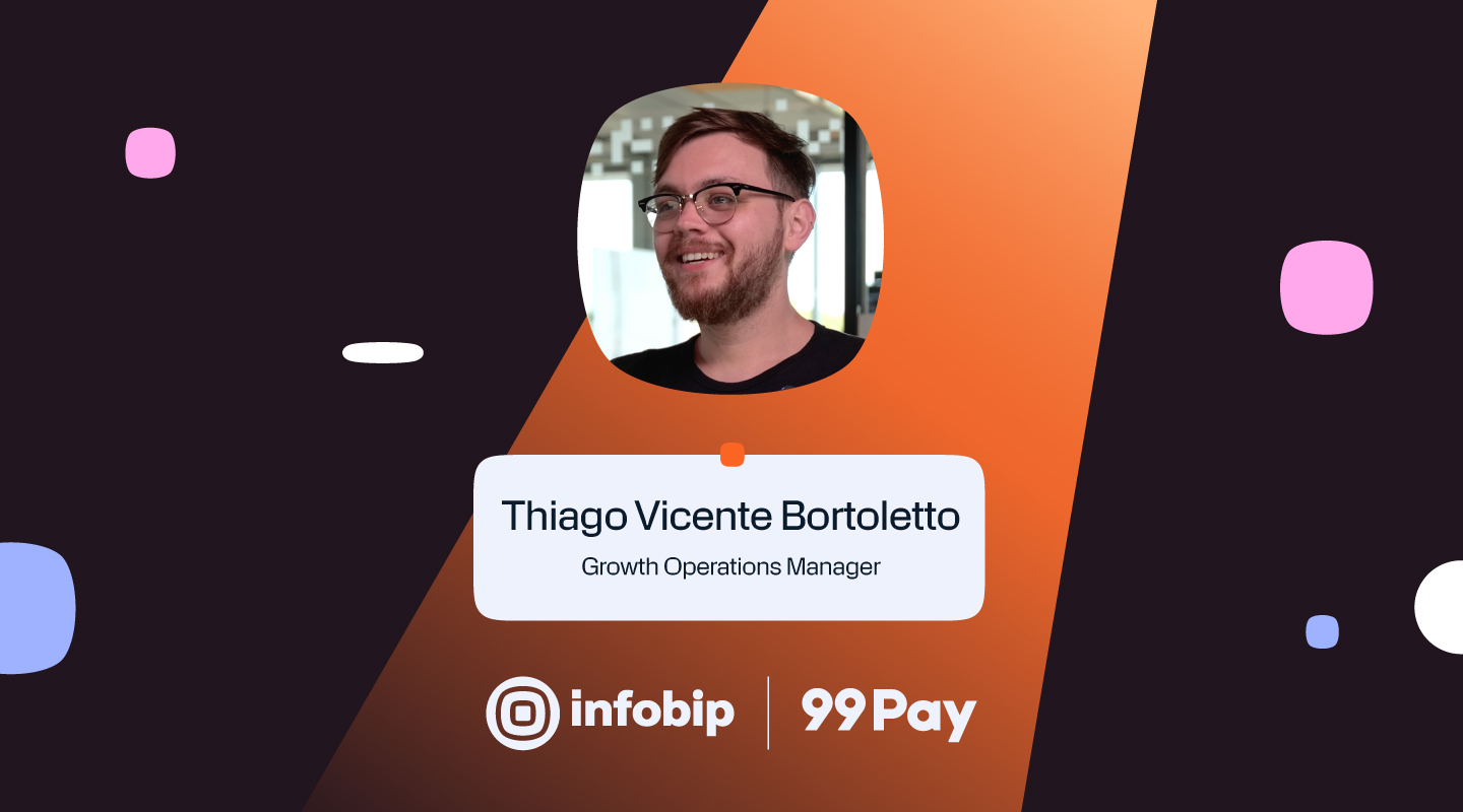Infobip and 99Pay promotional banner featuring a portrait of Thiago Vicente Bortoletto, Growth Operations Manager. His name and title appear below his photo. Infobip and 99Pay logos are displayed at the bottom. Background includes dark purple and orange gradient design elements with rounded decorative shapes.