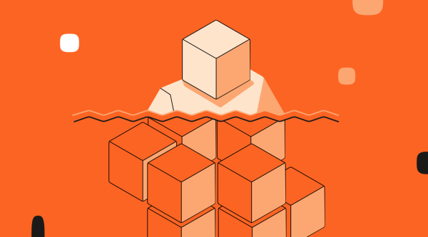 Abstract illustration on an orange background showing a stack of geometric cubes. Several cubes form a larger structure below a wavy horizontal line, while a single cube sits above the line, suggesting a visible surface layer over hidden complexity beneath.