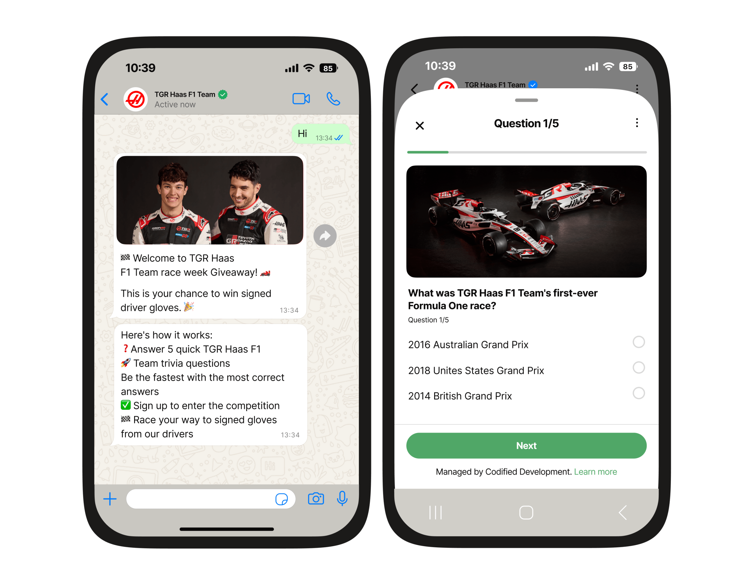 WhatsApp chatbot for TGR Haas F1 Team running an interactive trivia giveaway with multiple-choice questions