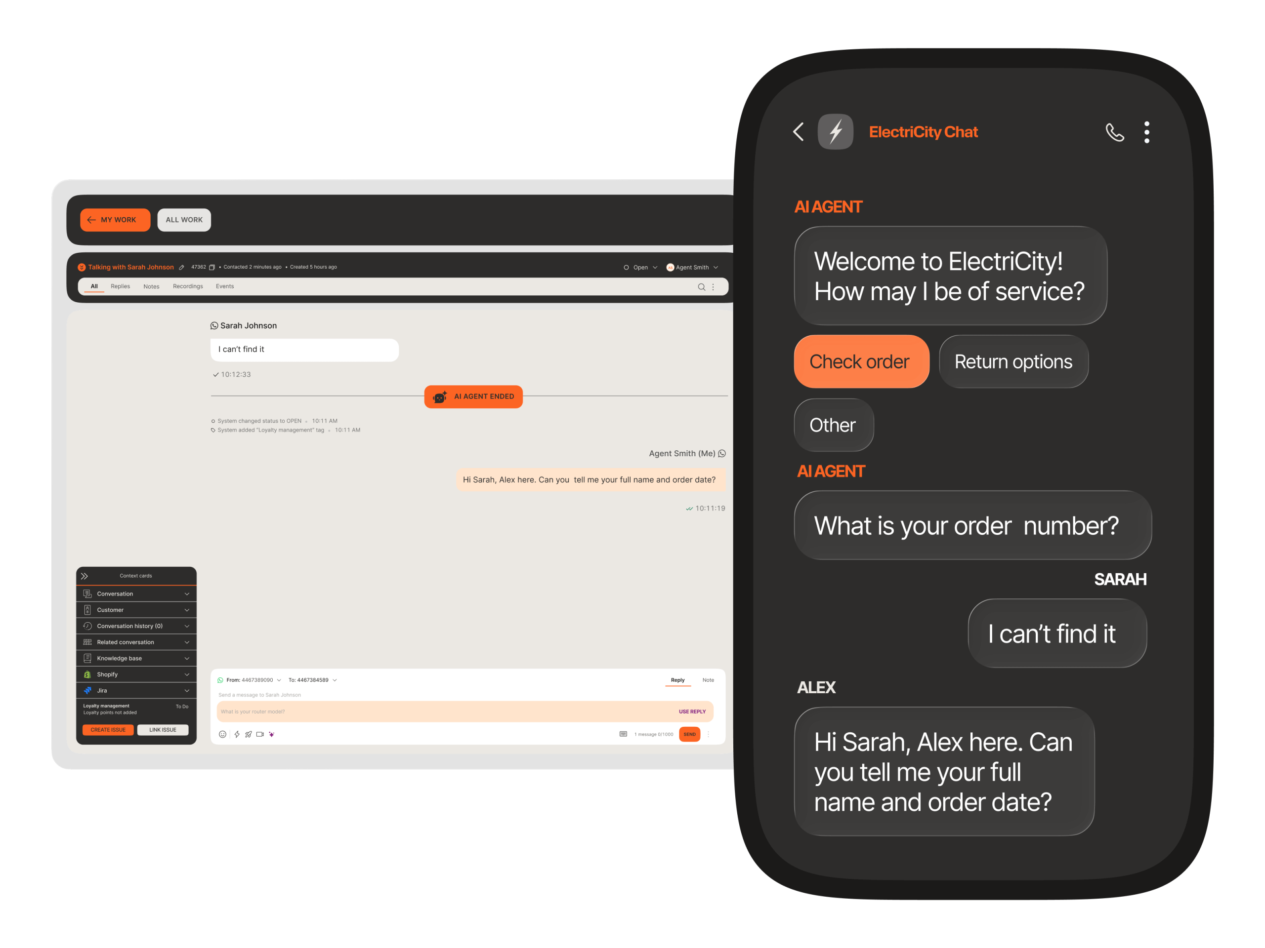AI agent chatbot handling an order inquiry on a mobile app, with seamless escalation to a human agent visible in the desktop workspace