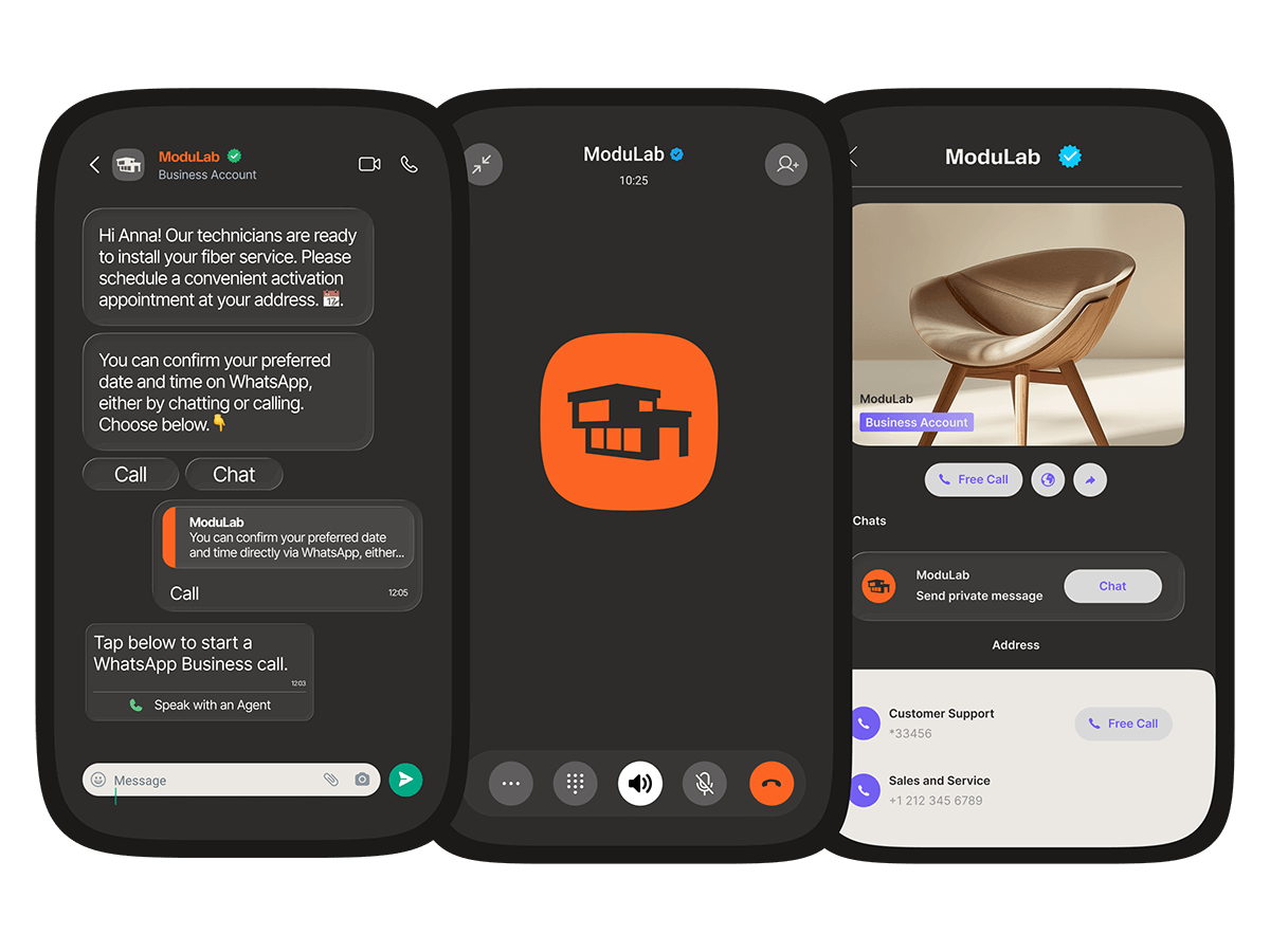 Three mobile screens showing WhatsApp Business calling: a chat with call and chat buttons for scheduling, an active WhatsApp Business call, and a business profile with free call and customer support options