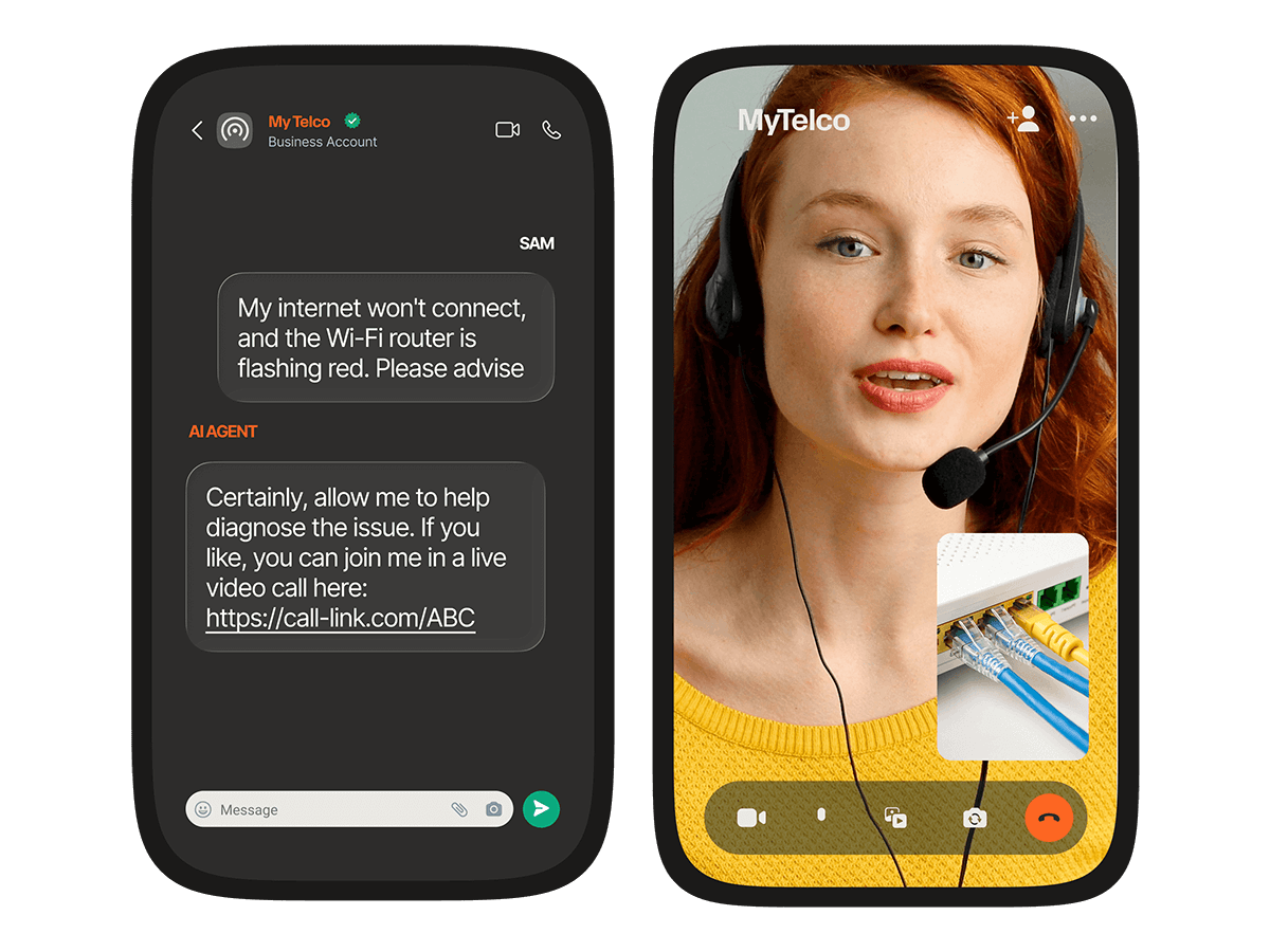 Two mobile screens showing a chat-to-video-call escalation, where an AI agent sends a video call link to diagnose a WiFi issue and the customer joins a live video call with a support agent
