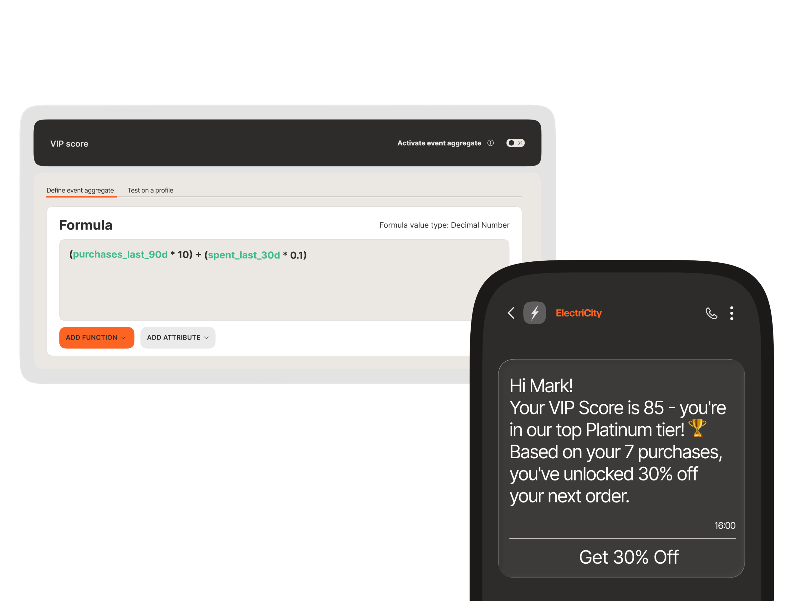 Custom formula editor calculating VIP scores from purchase data alongside a personalized WhatsApp discount message