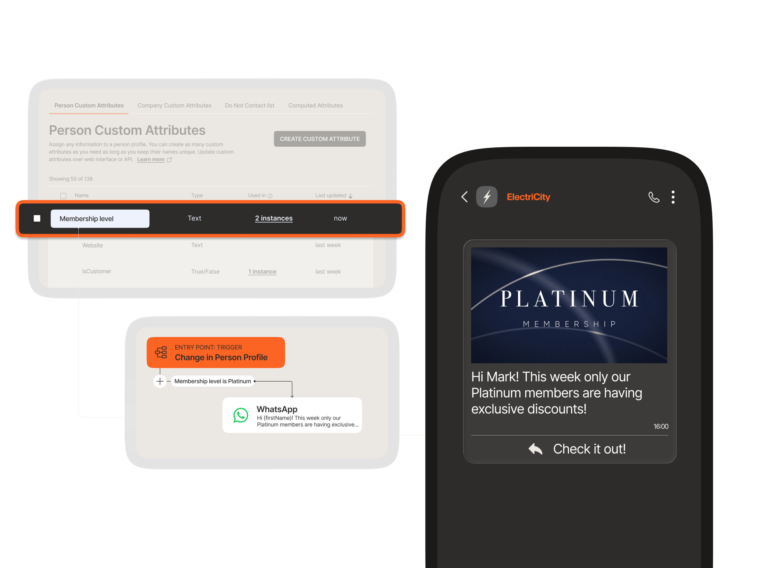Custom attribute configuration triggering a personalized WhatsApp message when a customer's membership level changes to Platinum