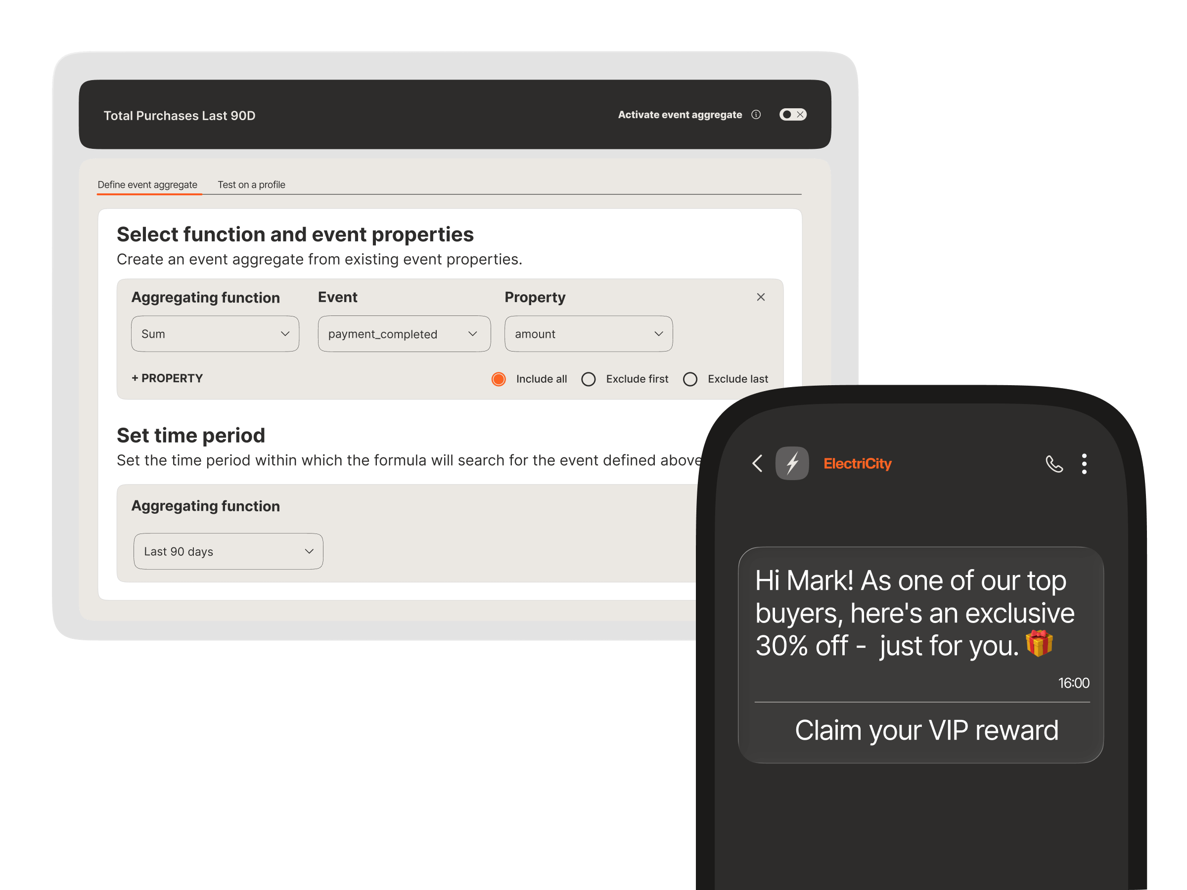 Event aggregate setup summing purchase amounts over 90 days to trigger personalized VIP reward messages