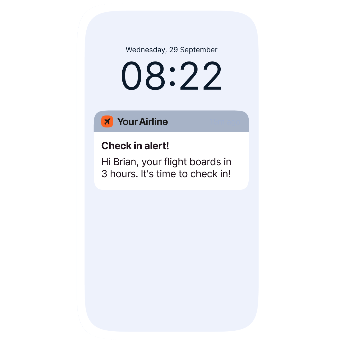 Lock-screen notification from an airline reminding a passenger that their flight boards in three hours and it is time to check in.