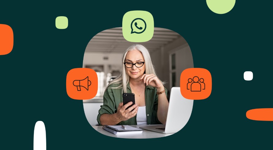 Mujer con lentes trabajando con su computadora y celular con íconos de altavoz y grupo.