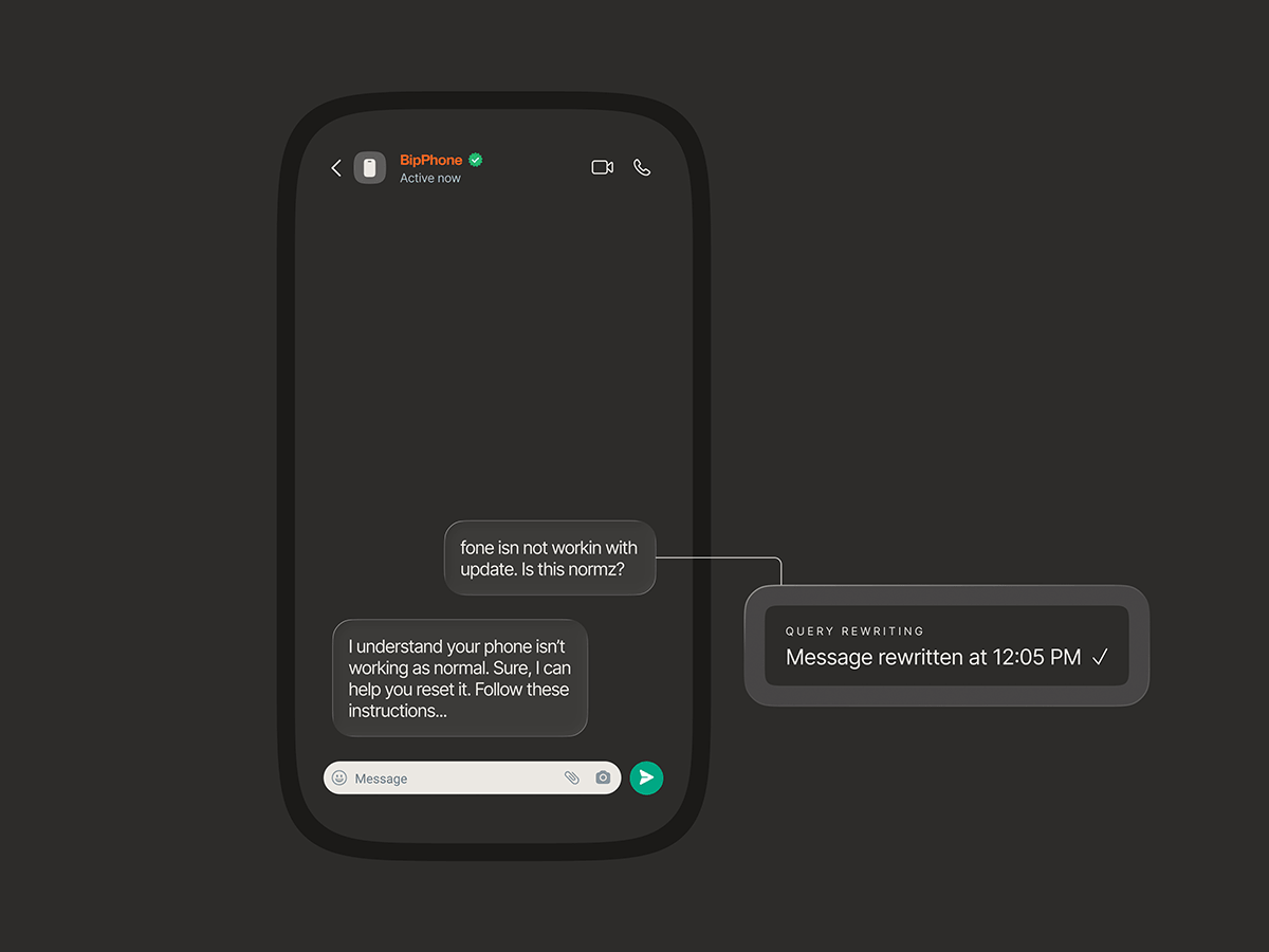A mobile chat interface showing a user message with a typo — "fone isn't workin with update. Is this normz?" — and an AI agent responding clearly: "I understand your phone isn't working as normal. Sure, I can help you reset it. Follow these instructions..." A tooltip reads "Query rewriting: Message rewritten at 12:05 PM."