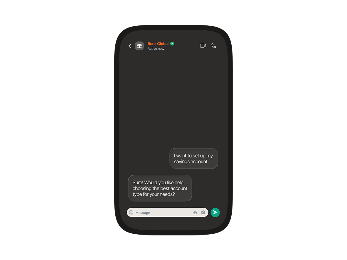 A Bank Global chat on a mobile phone where a user asks to set up a savings account and the AI agent offers help choosing the right account type.