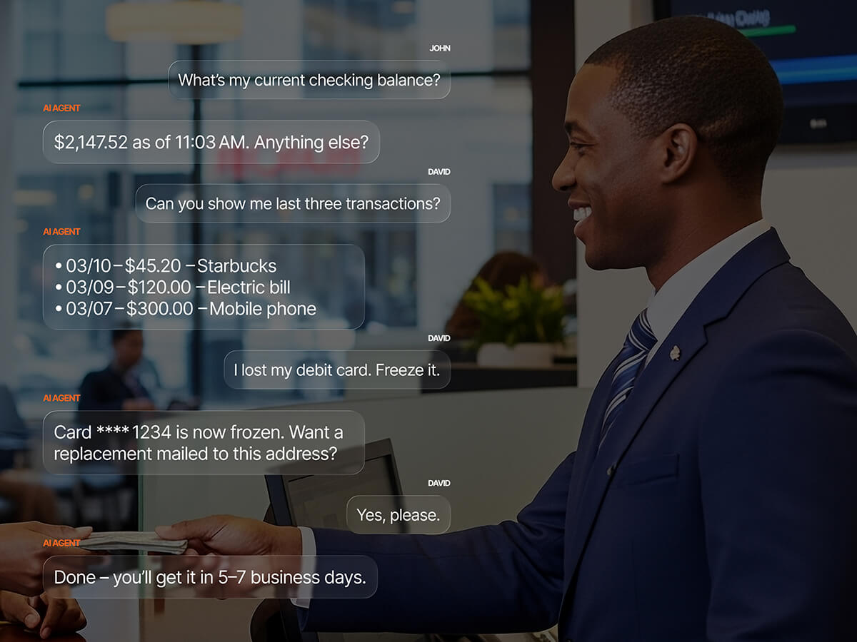 A bank employee smiling at a counter, overlaid with an AI agent chat handling account balance checks, recent transactions, and a lost debit card freeze request.