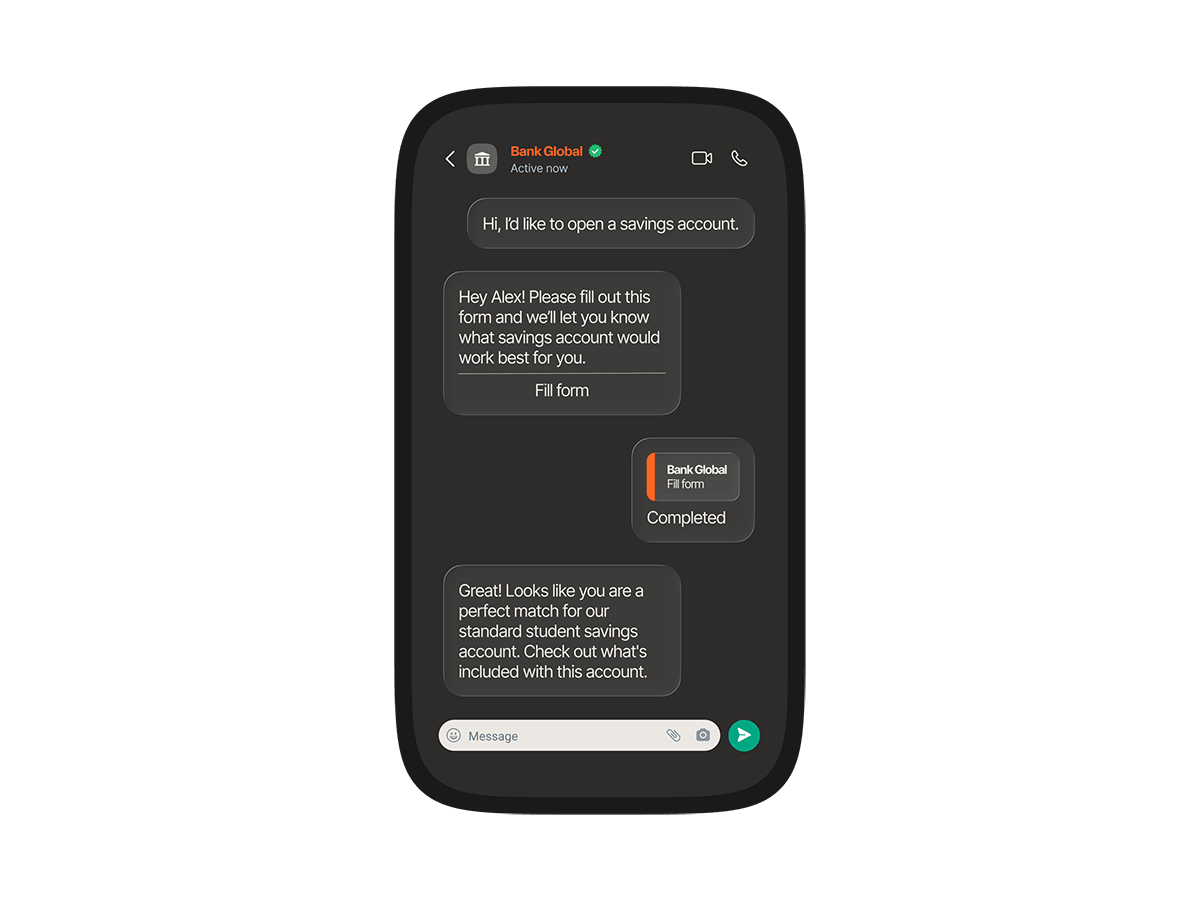 A Bank Global chat on a mobile phone where a user asks to open a savings account, fills out a form, and the AI agent recommends a standard student savings account.