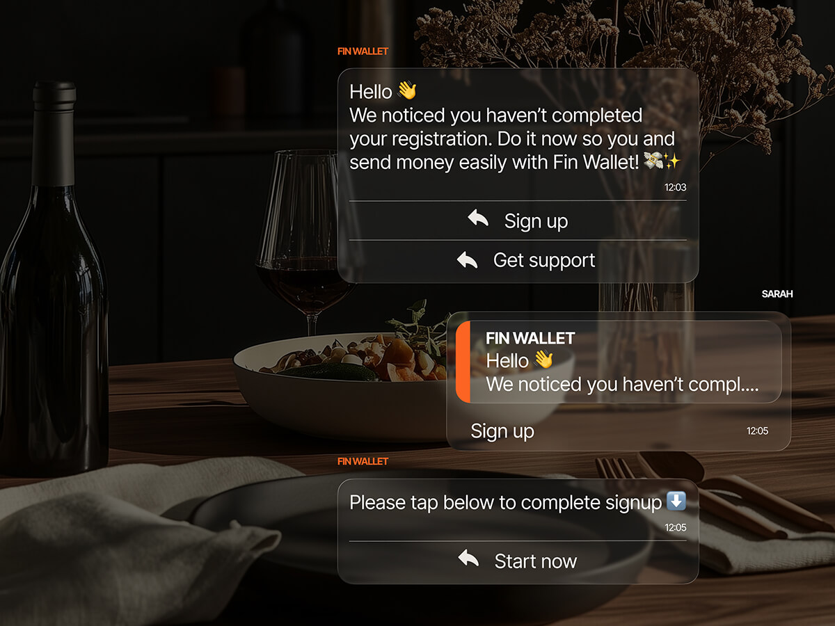 A Fin Wallet chat notification prompting a user to complete their registration to send money easily, with Sign up and Get support quick-reply buttons.