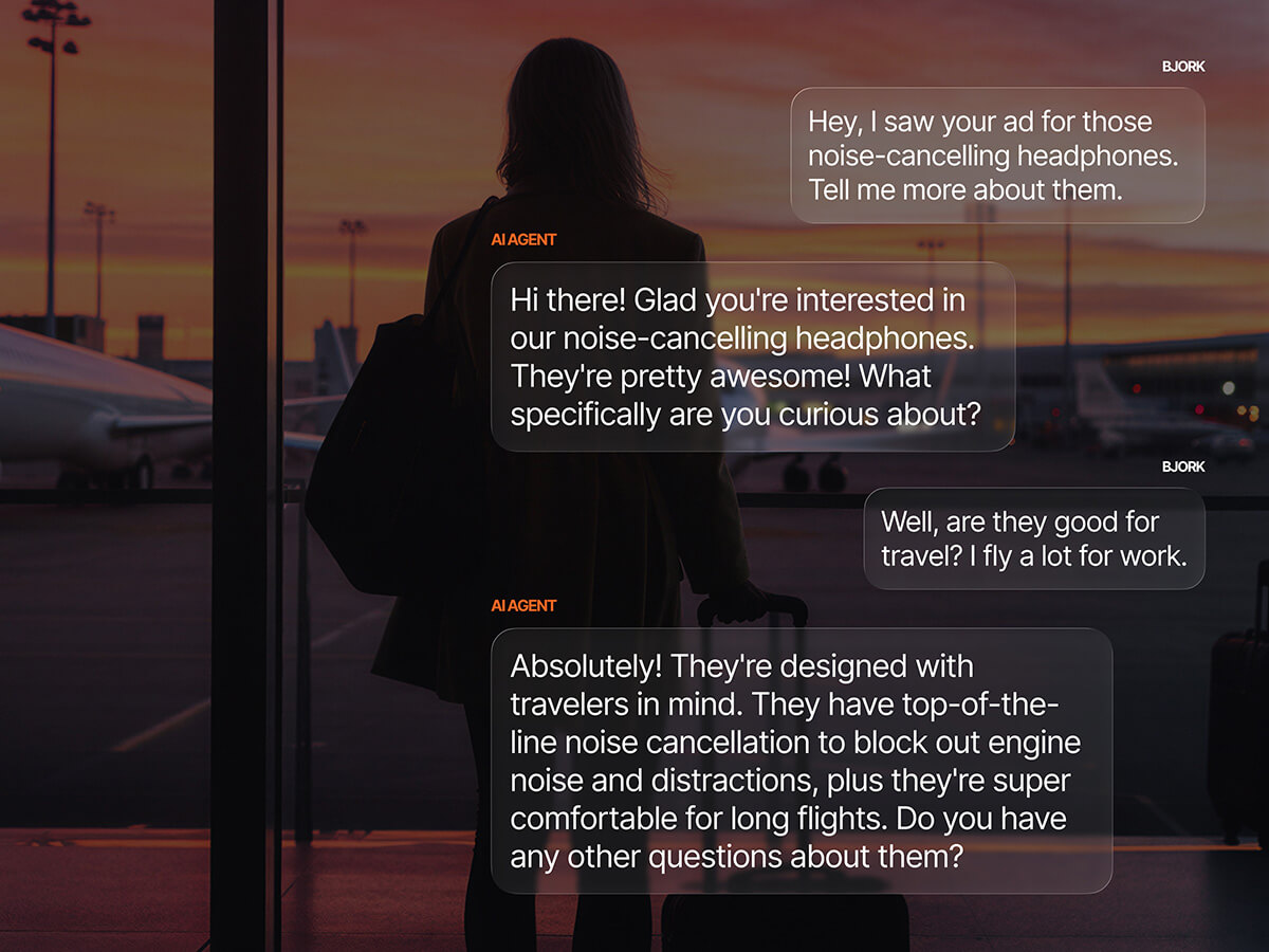 An AI agent chat conversation overlaid on a silhouette of a traveler at an airport at sunset, showing the AI answering questions about noise-cancelling headphones designed for frequent flyers.