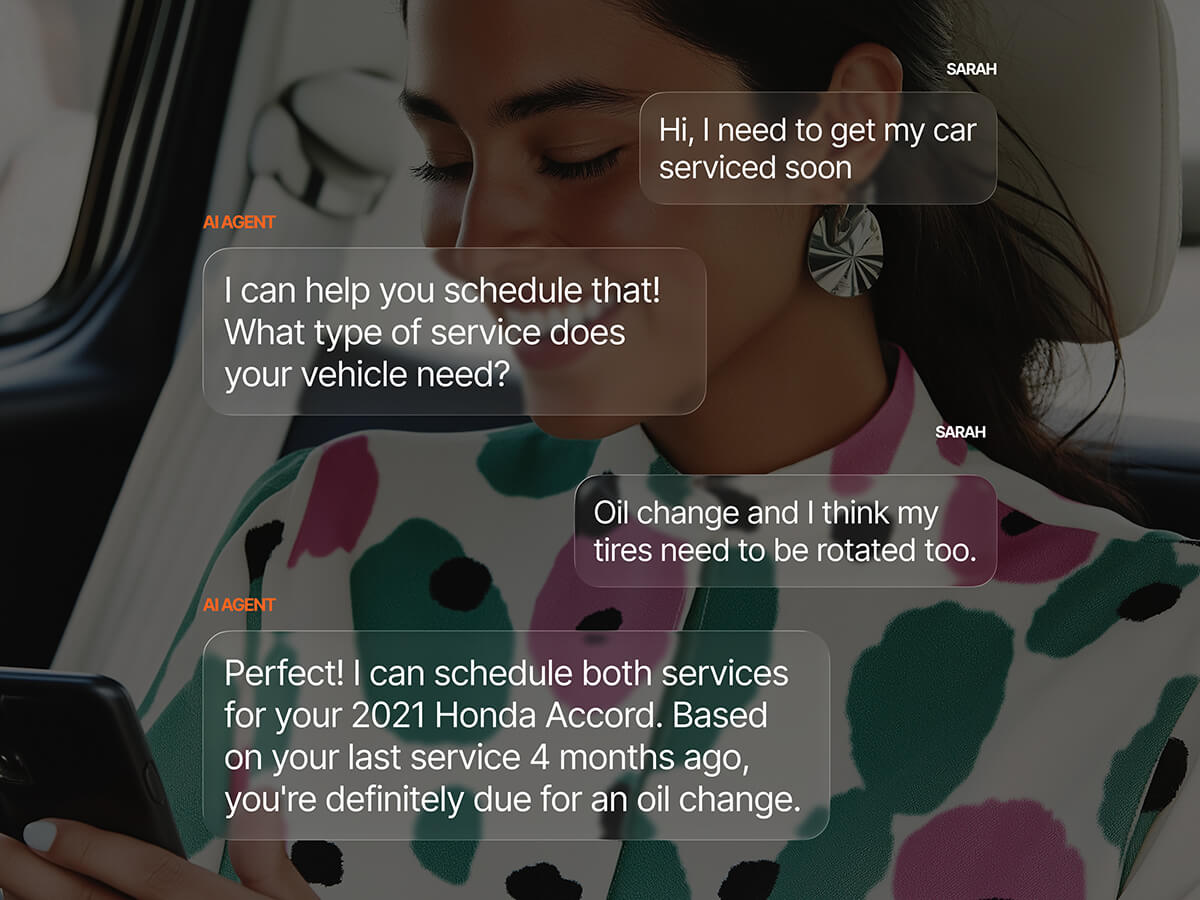 An AI agent chat conversation overlaid on a woman sitting in a car looking at her phone, showing the AI scheduling an oil change and tire rotation for her 2021 Honda Accord.