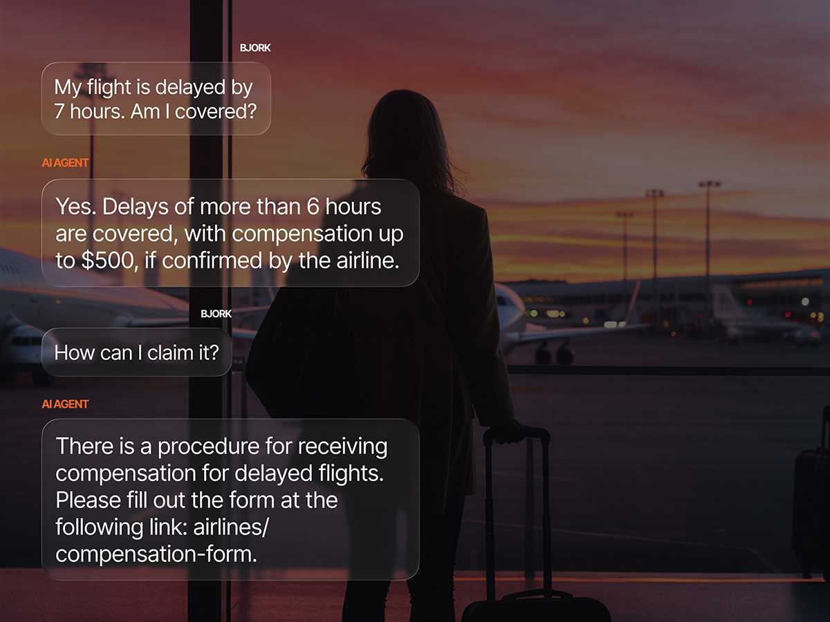 A traveler with luggage at an airport at dusk, with an AI agent chat exchange answering questions about flight delay compensation coverage and how to file a claim.