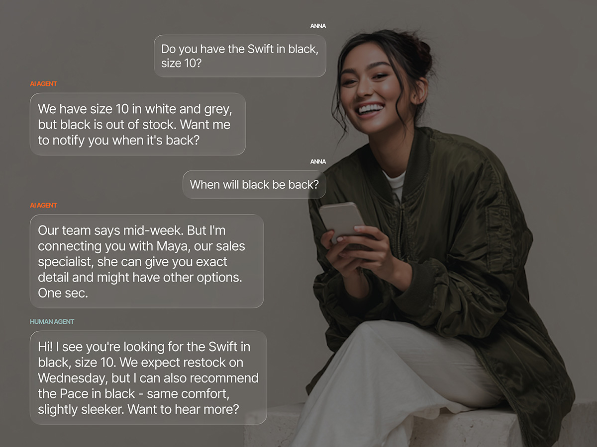 An AI agent and human sales specialist chat conversation overlaid on a smiling woman holding a phone, showing the AI checking sneaker stock and handing off to a human agent to assist with an out-of-stock item.