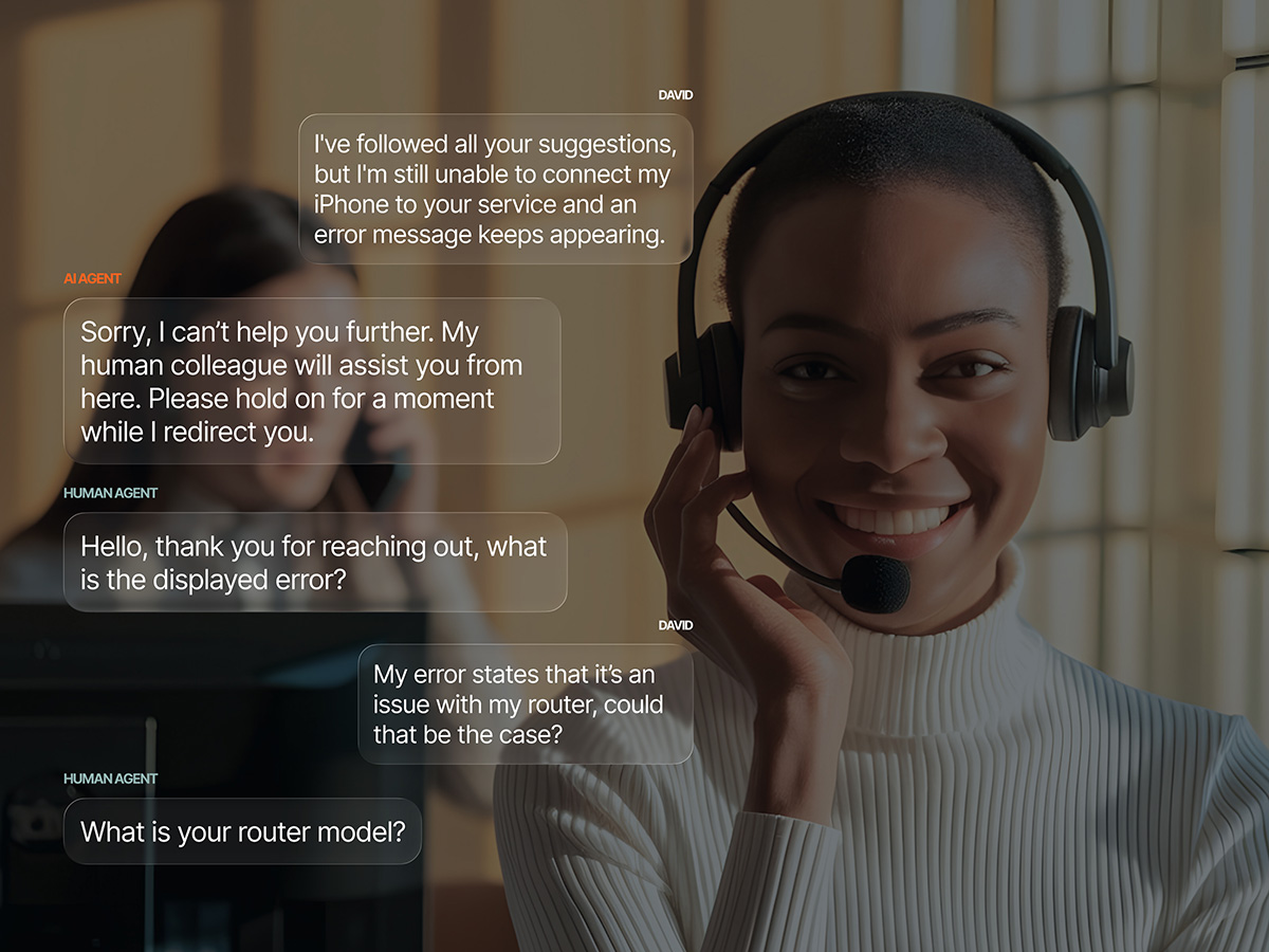 An AI agent and human support agent chat conversation overlaid on a smiling contact center agent wearing a headset, showing the AI escalating an unresolved iPhone connectivity issue to a human agent.