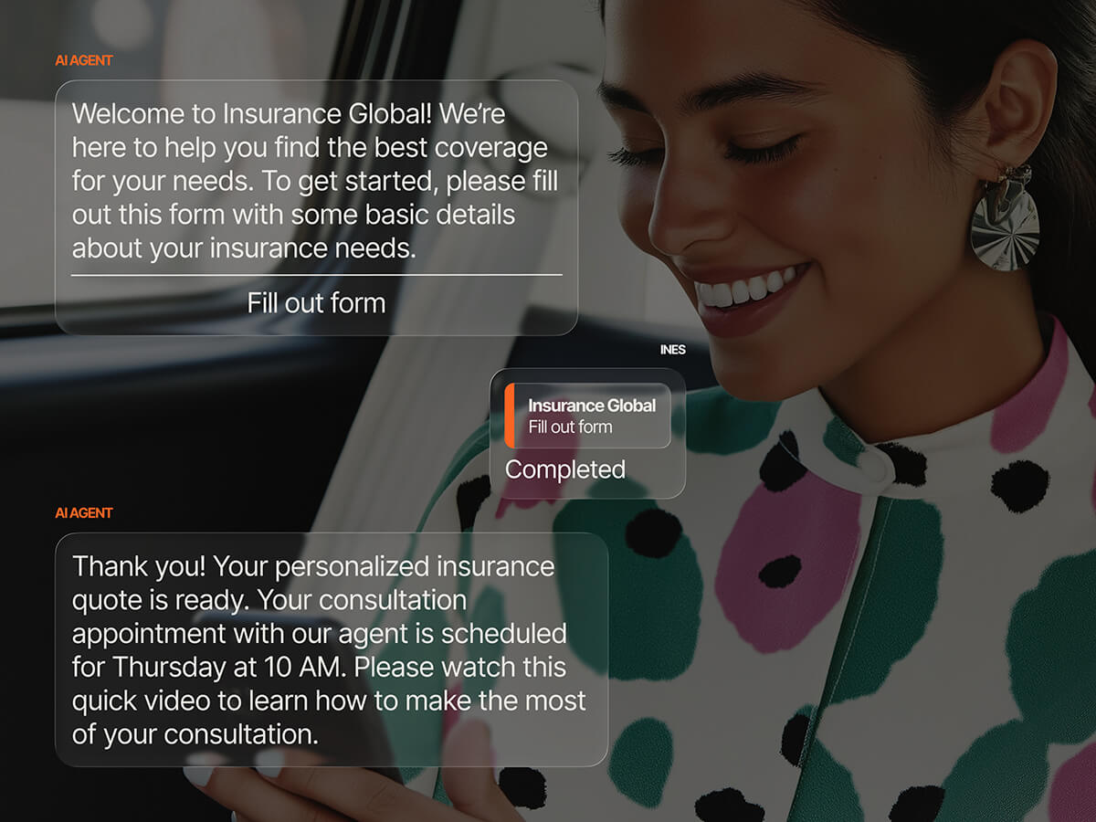 AI agent chat on Insurance Global guiding a user through an underwriting form, with a completed confirmation and a consultation appointment scheduled for Thursday at 10 AM.