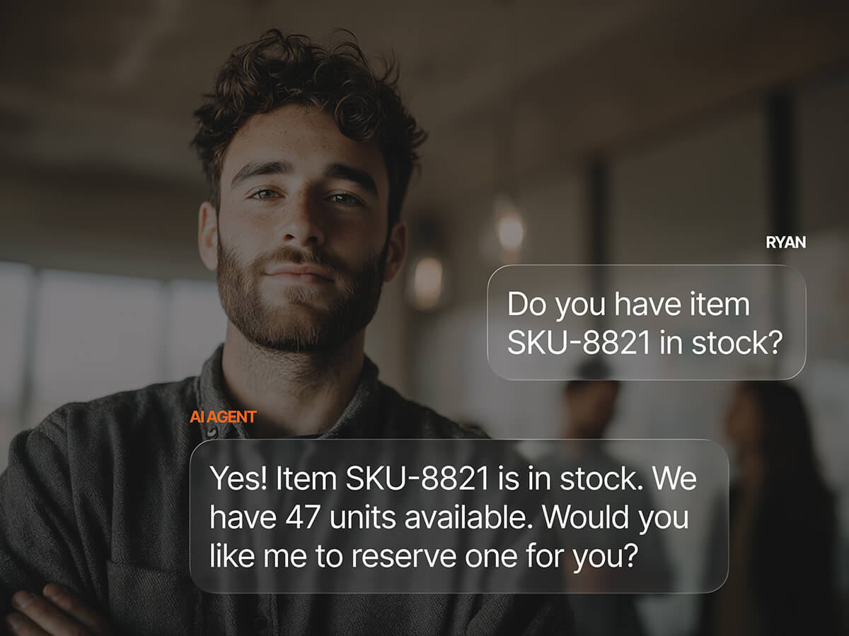 AI customer service agent responding to a stock inquiry, confirming 47 units of item SKU-8821 are available and offering to reserve one.
